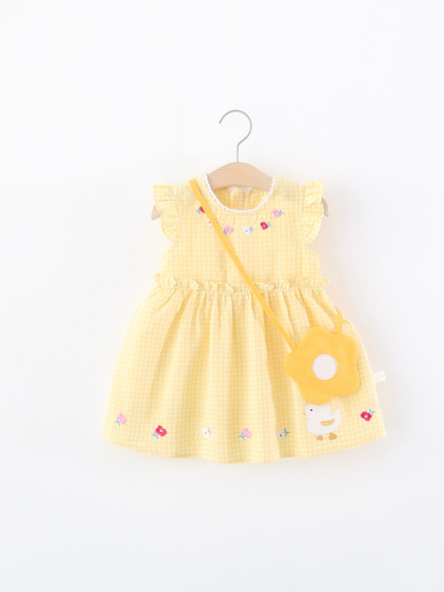 Children's Summer Cartoon Embroidered Plaid Flounced Sleeve Single Layer Cotton Children's Dress