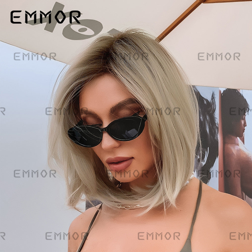 Women's Fashion Partial Gradient Golden Curling Fiber Wig Short Straight Hair