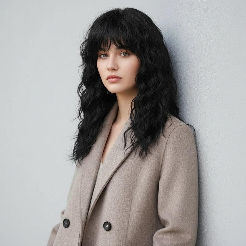 Wavy Gray Curly Synthetic Fiber Black Wig Long Curls