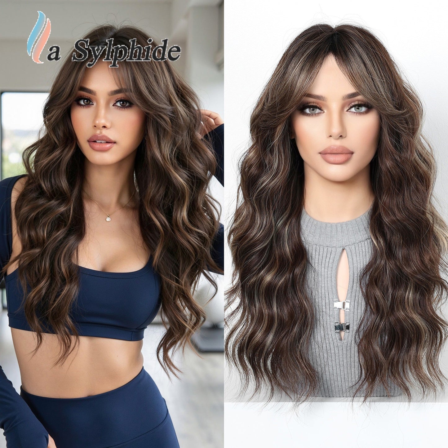 Brown Gradient Mid-length Bangs Mechanism Curly Hair Natural Wig Long Curls