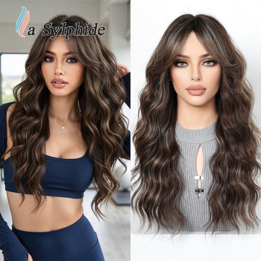 Brown Gradient Mid-length Bangs Mechanism Curly Hair Natural Wig Long Curls