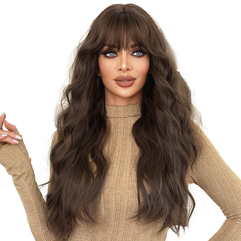 Black Tea Brown Straight Bangs Curly Wig Long Curls