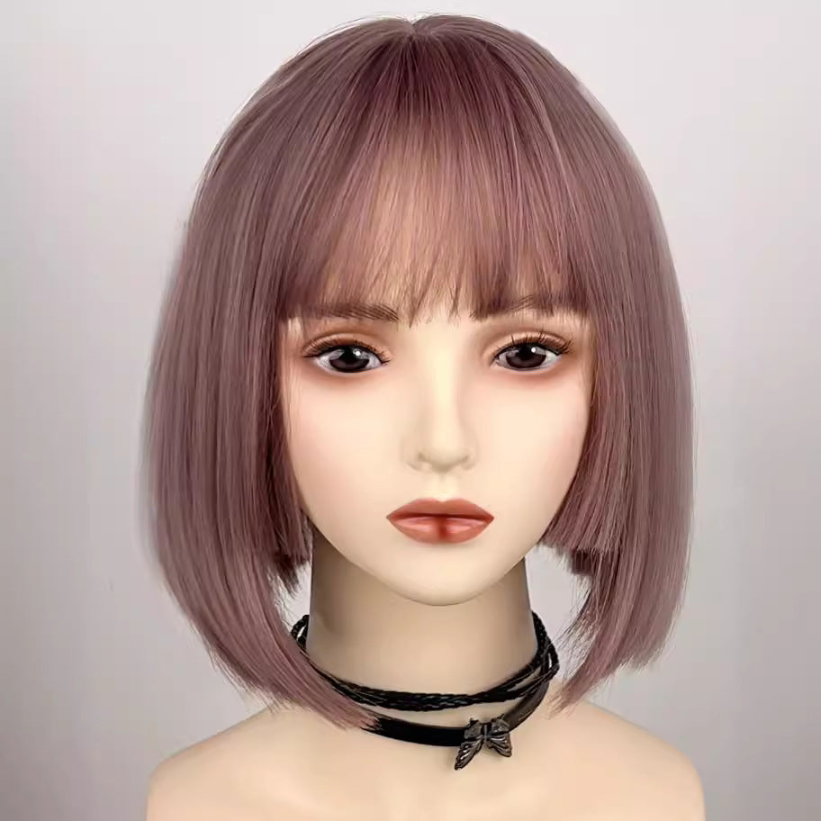 Female Head Round Face Gradient Pink Style Natural Simulation Age Wig Short Straight Hair