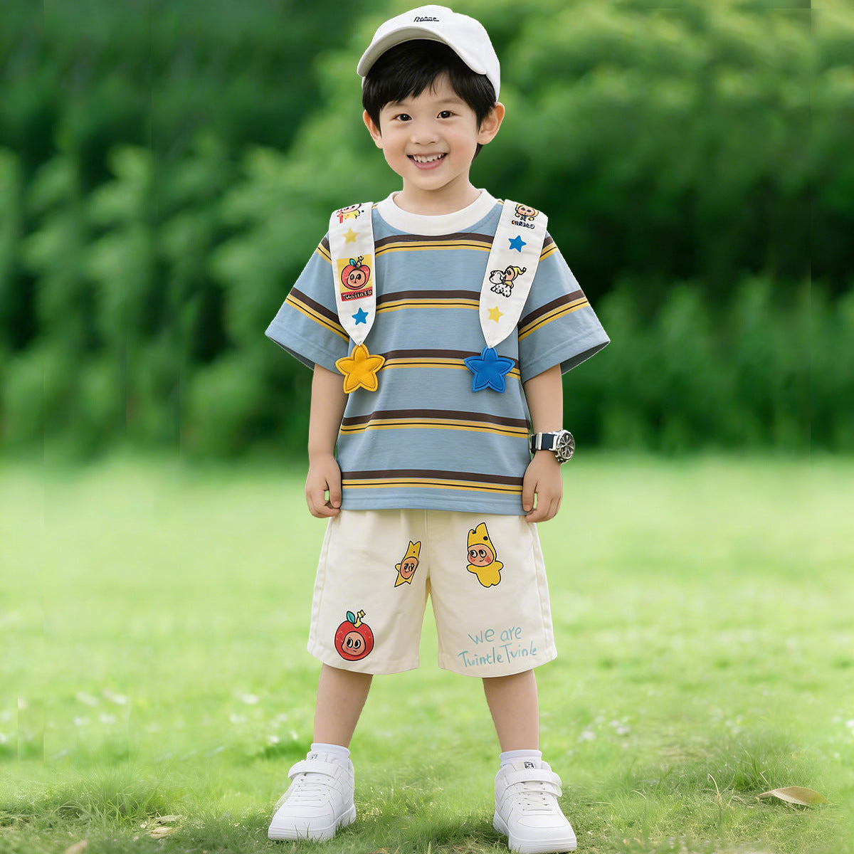 Children's Korean Cartoon Shawl Striped Short-sleeved Shorts Printed Children's Suit