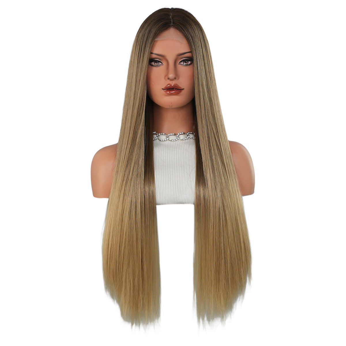 Women's Small Lace Super Hair Gradient Golden Mid-point Long Straight Wig
