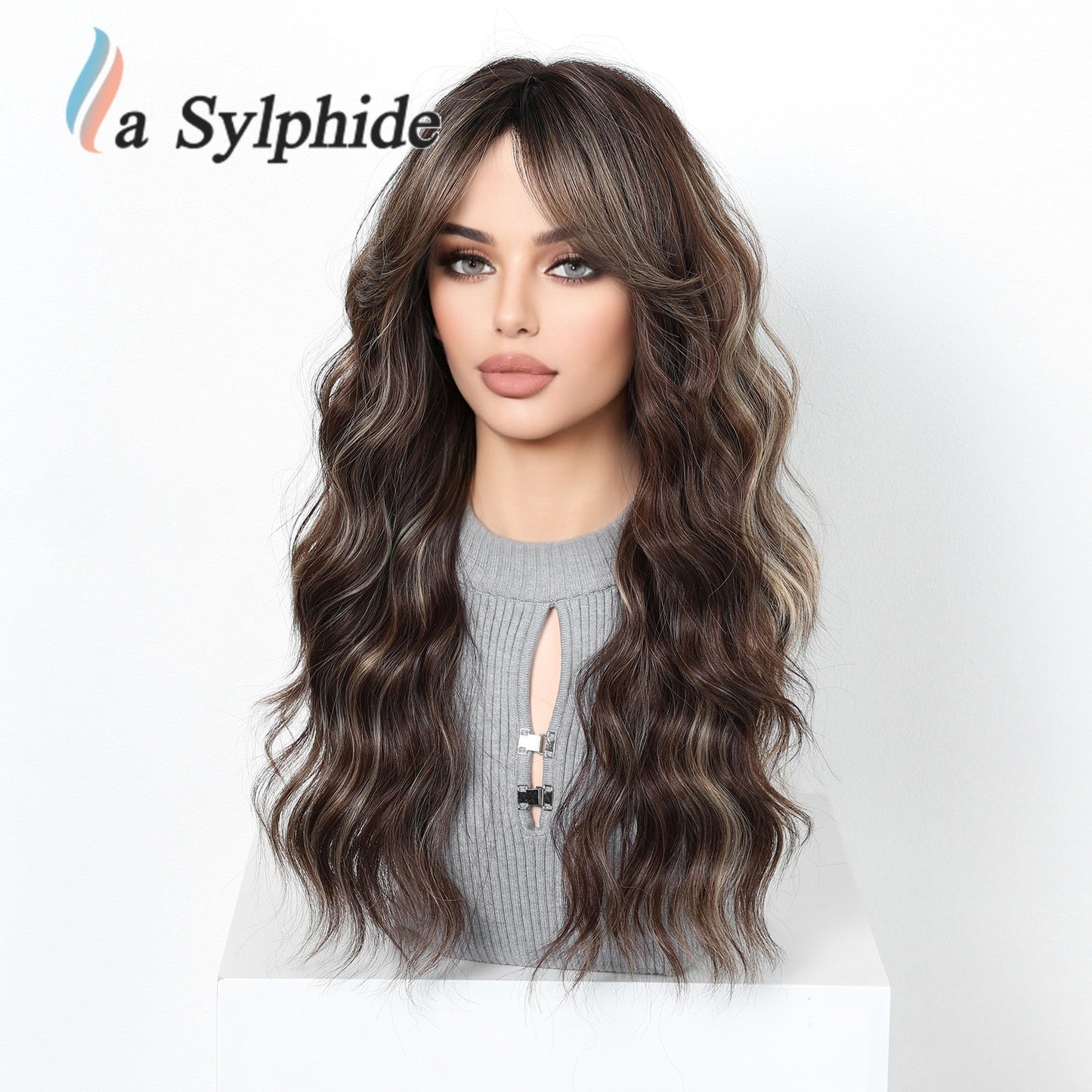 Brown Gradient Mid-length Bangs Mechanism Curly Hair Natural Wig Long Curls