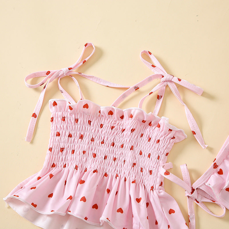 Korean Style Heart Printing Swimsuit Three-piece Born Bikini Strap Children's Suit