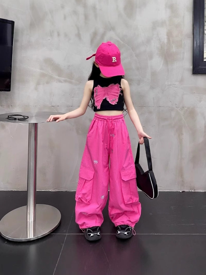 Retro Fun Bow Embroidered Casual Trousers Wide Leg High Children's Pants