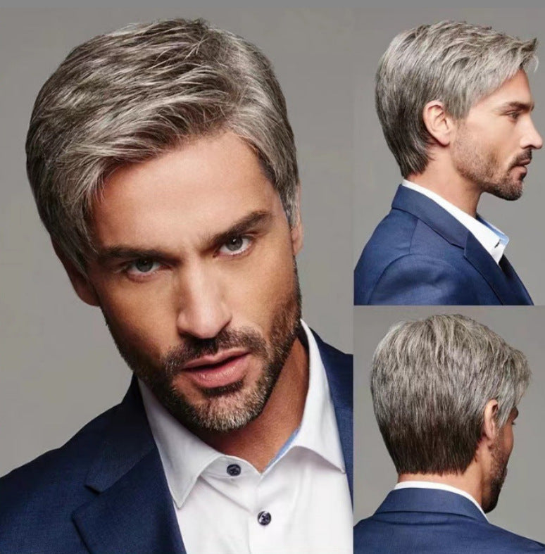 Men's Chemical Fiber Hairstyle Rose Net Sier Wig Short Straight Hair