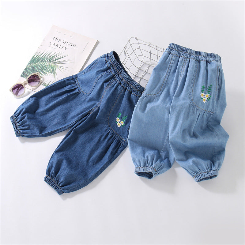 Children's Cotton Jeans Thin Summer Flower Embroidered Ankle Banded Children's Pants