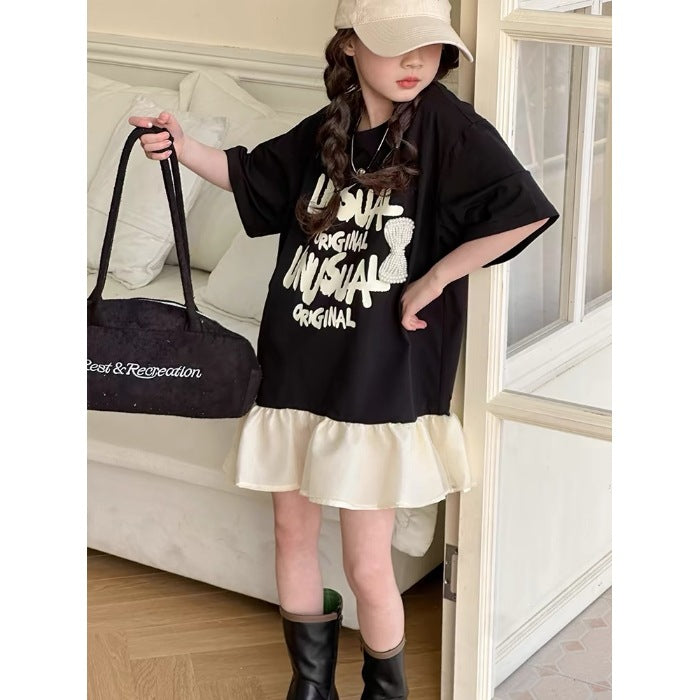 Children's Letter Print Fake Two-piece Skirt Summer Sweet Cool Style Ruffled Children's Dress