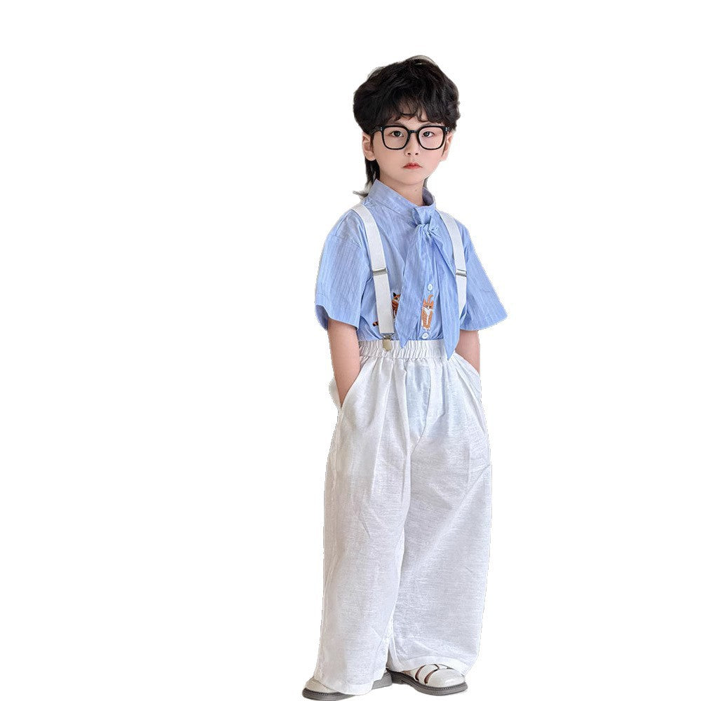 Children's Set Summer Blue Striped Outfit Performance Clothes Children's Shirt