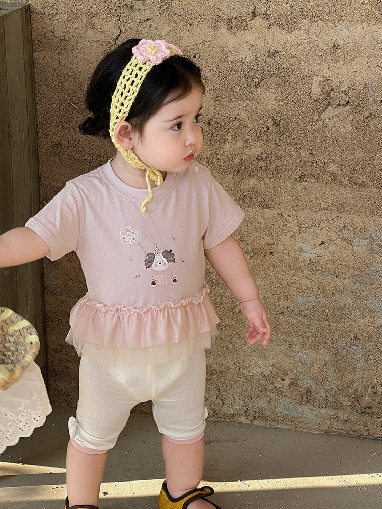 Summer Korean Style Cartoon Print Top Lace Stitching Short Children's T-shirt