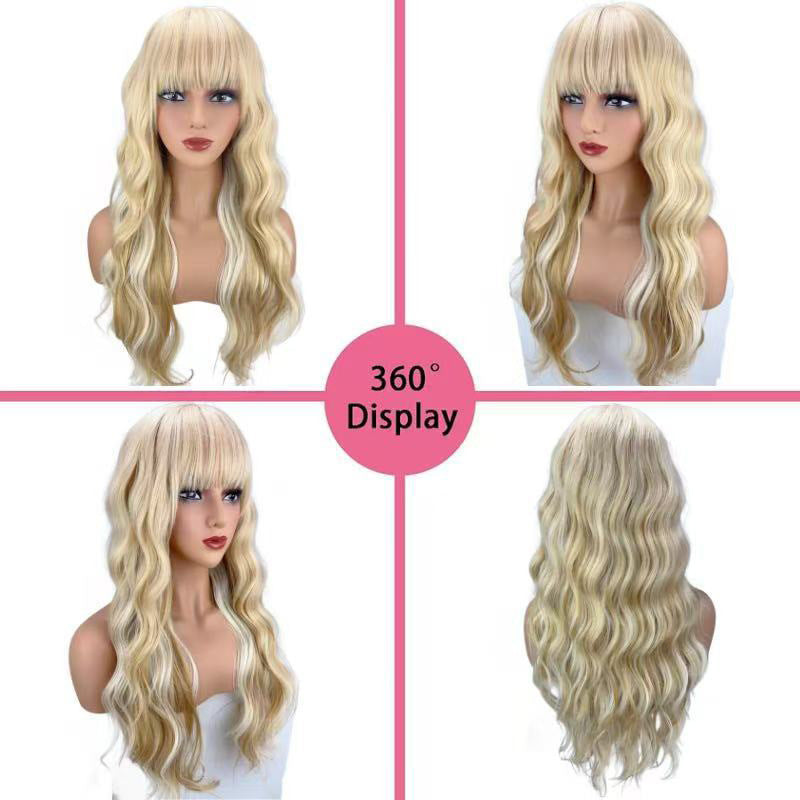 Curly Hair White Gold Color Straight Bangs Big Wave Fluffy Wig Long Curls