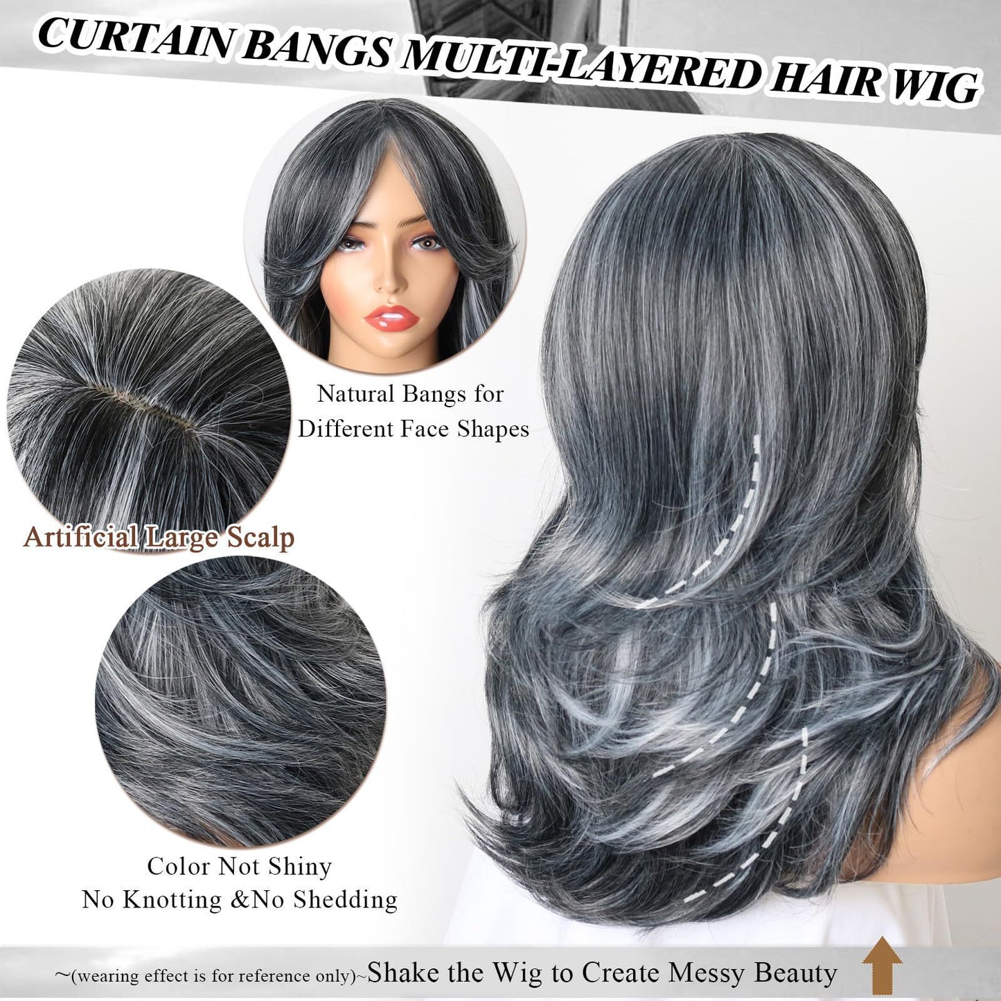 Bangs Layer Head Cover Gray Chemical Fiber Medium Wig Long Curls