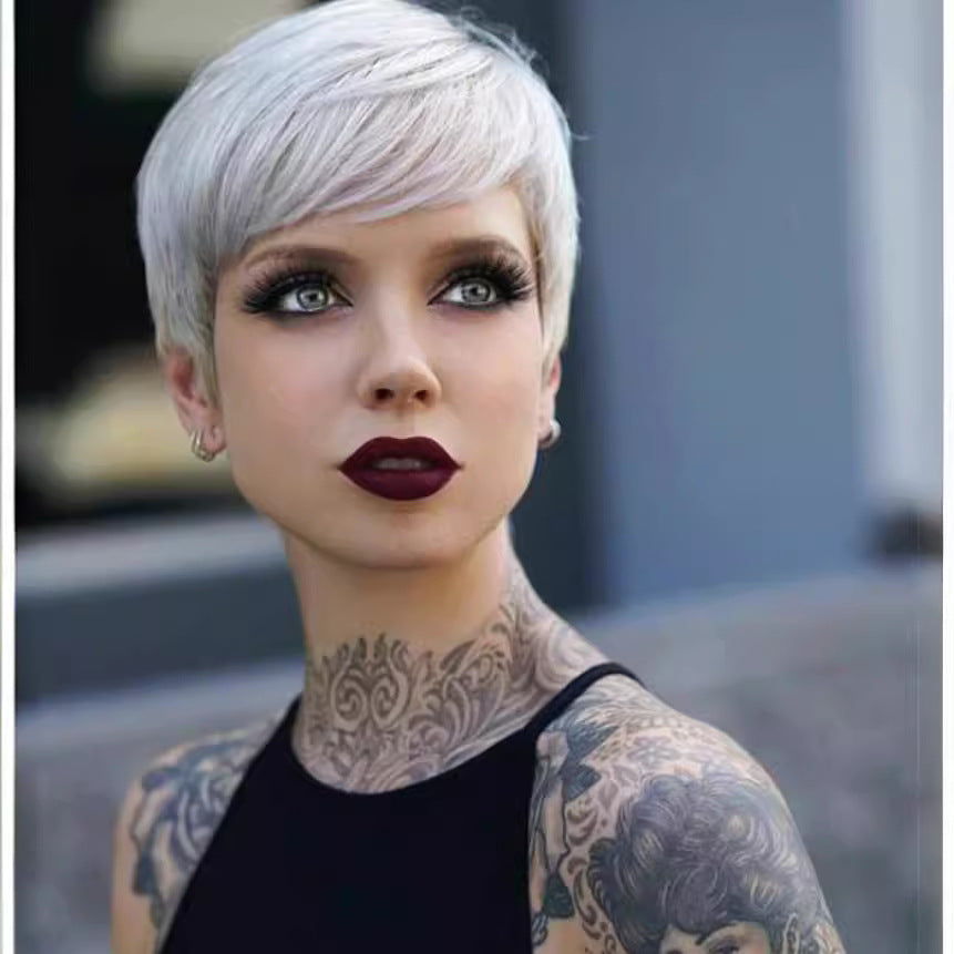 Female Side Bangs Gray White Mechanism Synthetic Wig Short Straight Hair