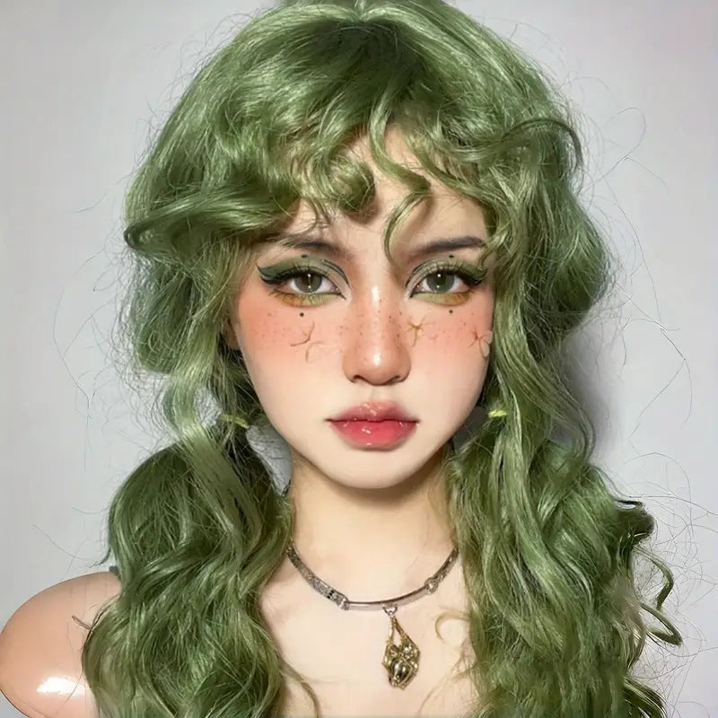 Women's Grass Green Small Bangs Water Ripple Curly Wig Long Curls
