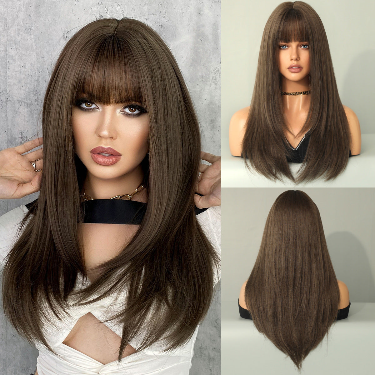 High Level Female Air Bangs Hair Brown Daily Fluffy Quality Long Straight Wig
