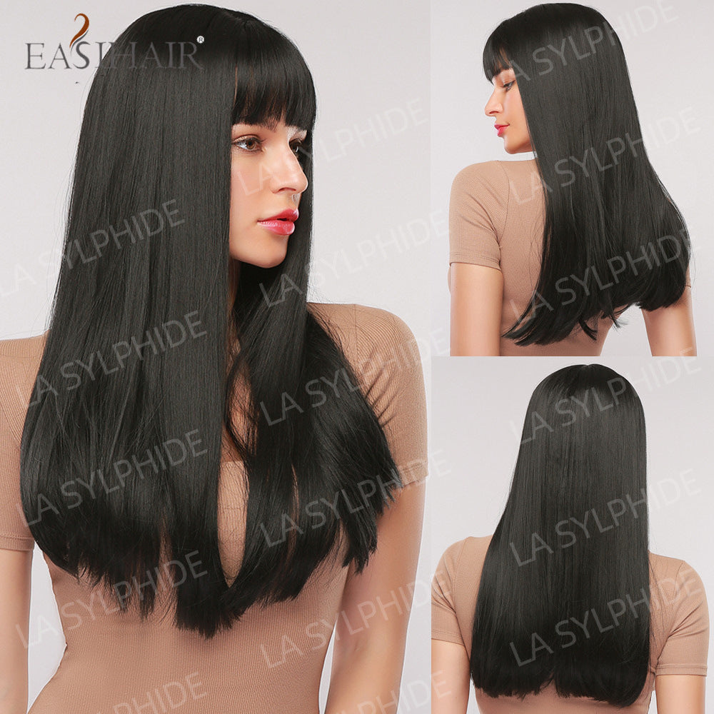 Female Air Bangs Brown Gradient Golden Long Straight Wig