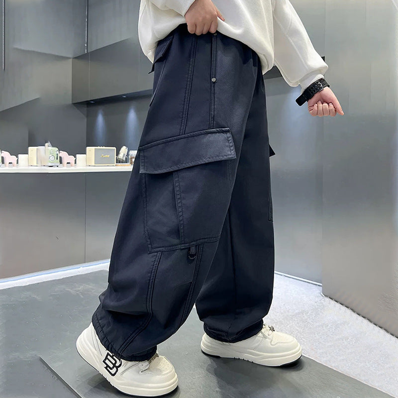 Children's Large Trousers Boyish Look Overalls Loose Straight Fashionable Pure Children's Pants