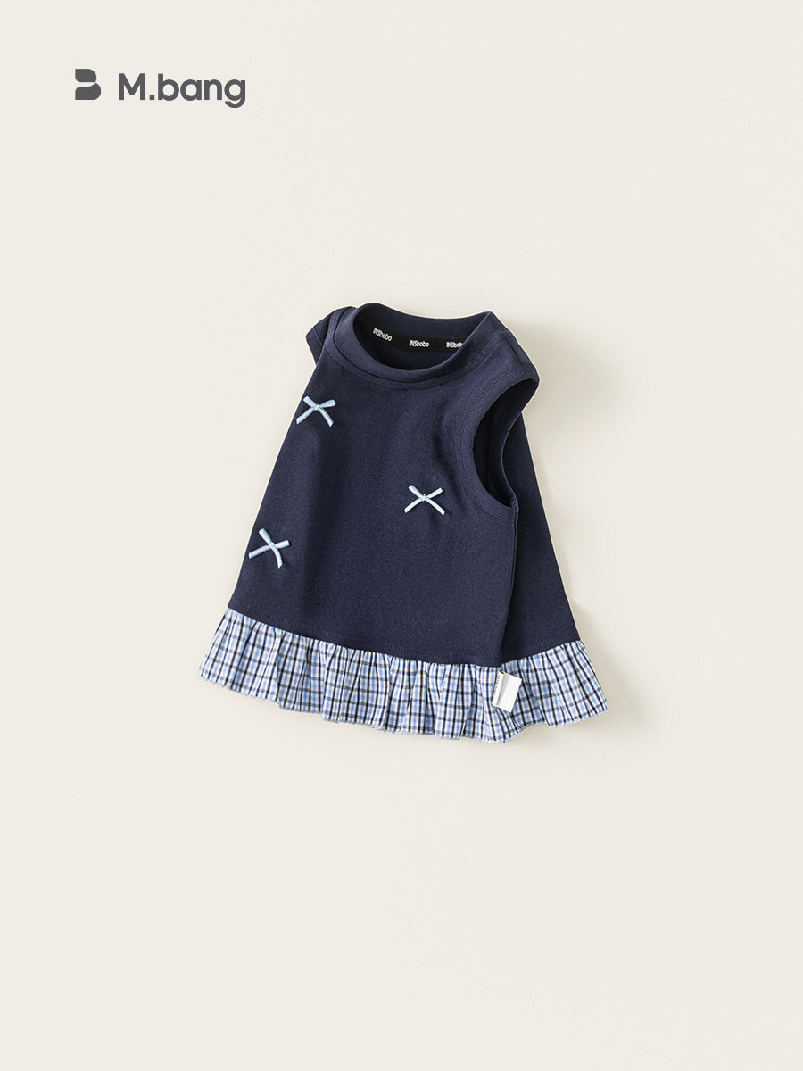 Children's Round Neck Korean Top Plaid Patchwork Clothes Bow Children's T-shirt