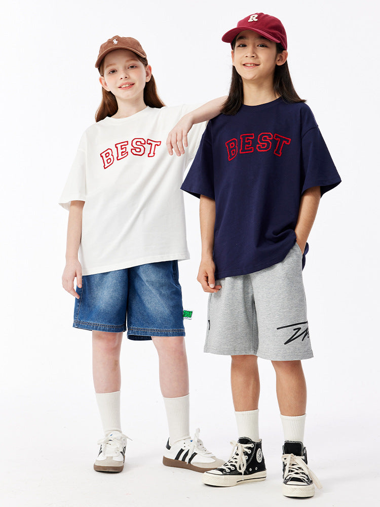 Children's Clothing Summer Embroidery Female Boy's Short-sleeved Cotton Boy Casual Loose Children's T-shirt