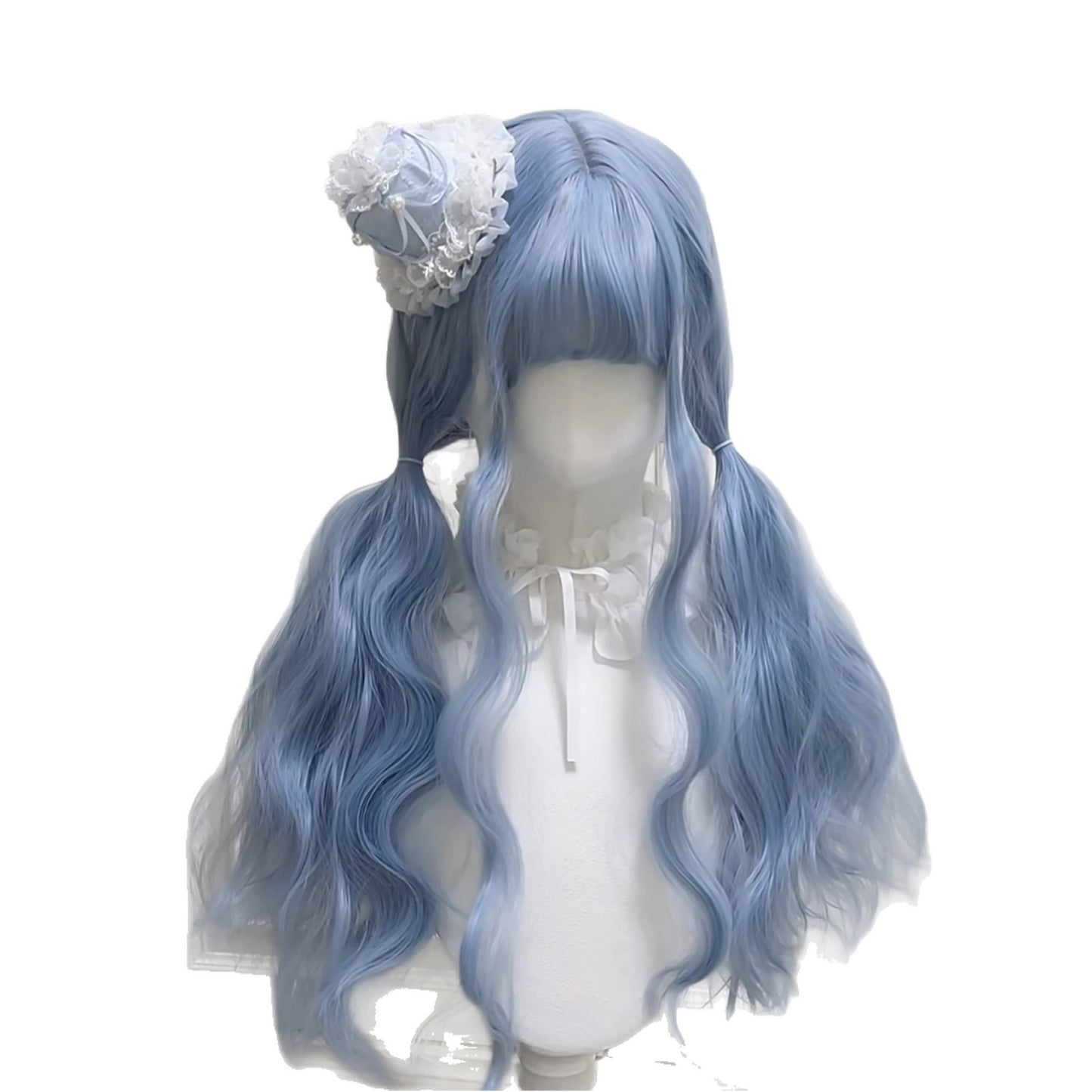 Blue Female Straight Bangs Curly Hair Water Wig Long Curls