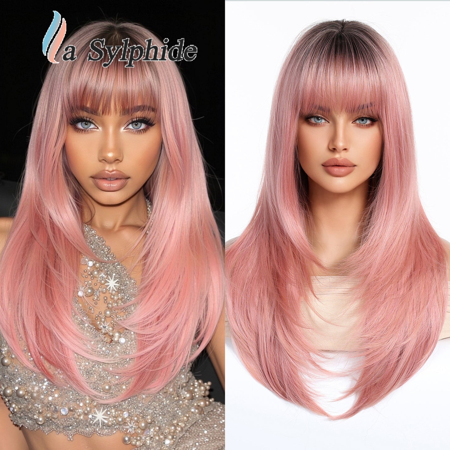 Bangs Summer Level Red Hair Rose Net Long Straight Wig