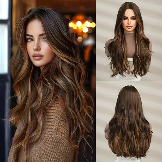 Women's Fashion Hanging Ear Highlight Dark Brown Medium Wig Long Curls