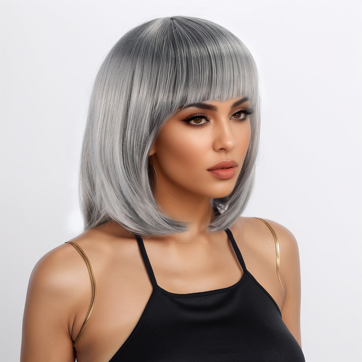 Women's Sier Gray Pullover Air Bangs Temperamental Wig Short Straight Hair