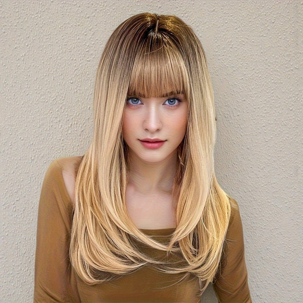 Gradient Golden Fluffy Bangs Chemical Fiber Mechanism Head Wig Long Curls