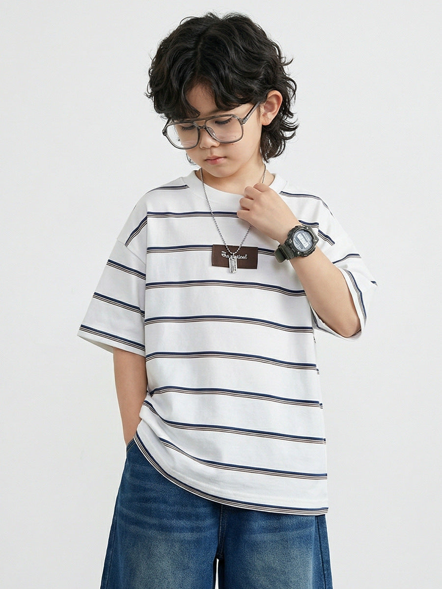 Children's Summer Clothes Middle Big Short-sleeved Striped Children's T-shirt