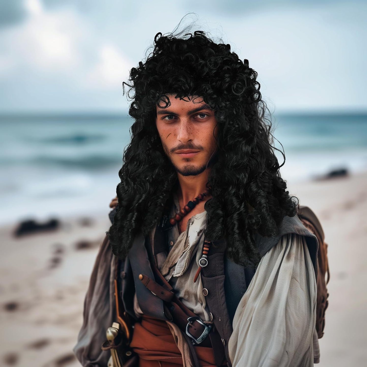 Men's Pirate Ship Captain Long Curly Black Halloween Cos Wig
