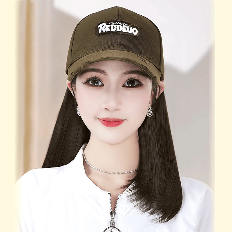 Embroidered Baseball Hat One-piece Detachable Trendy Retro Small Hooded Collarbone Wig Long Curls