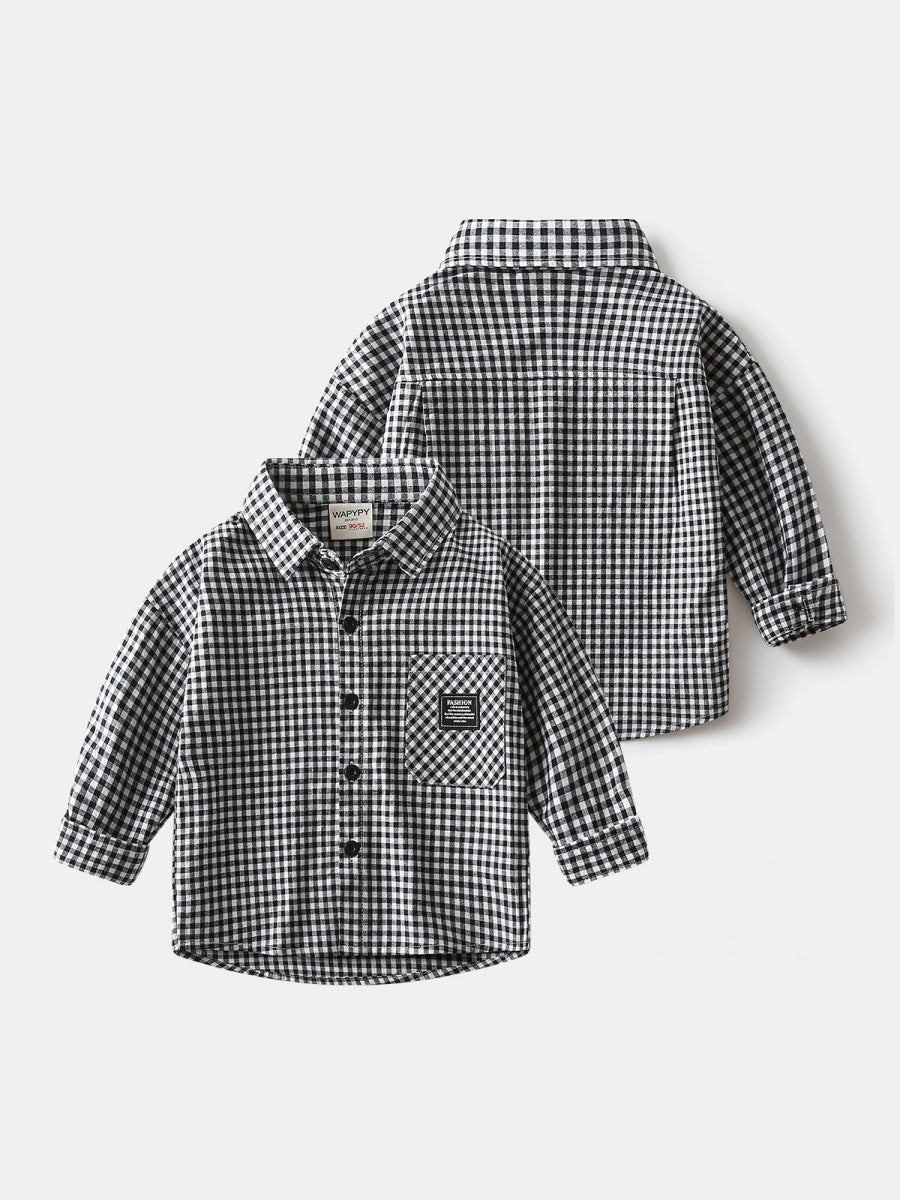 Children's Clothing Plaid Black White Labeling Korean Style Loose Design Children's Shirt