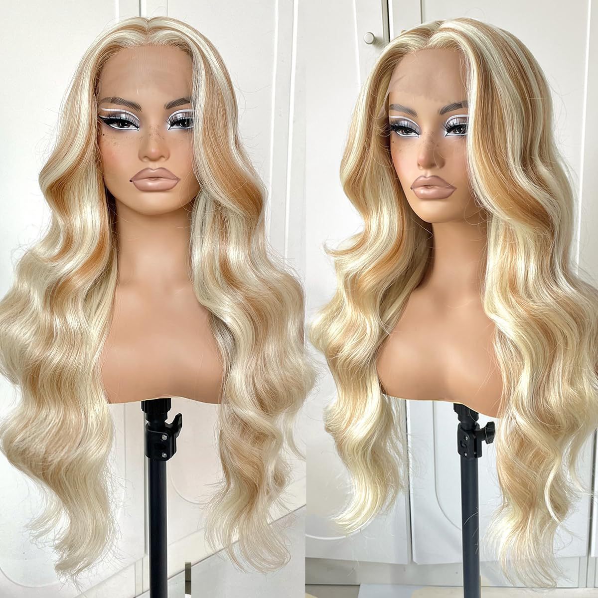 Women's Front Lace Synthetic Wigs Golden Medium Curly Hair Big Wave Wig Long Curls