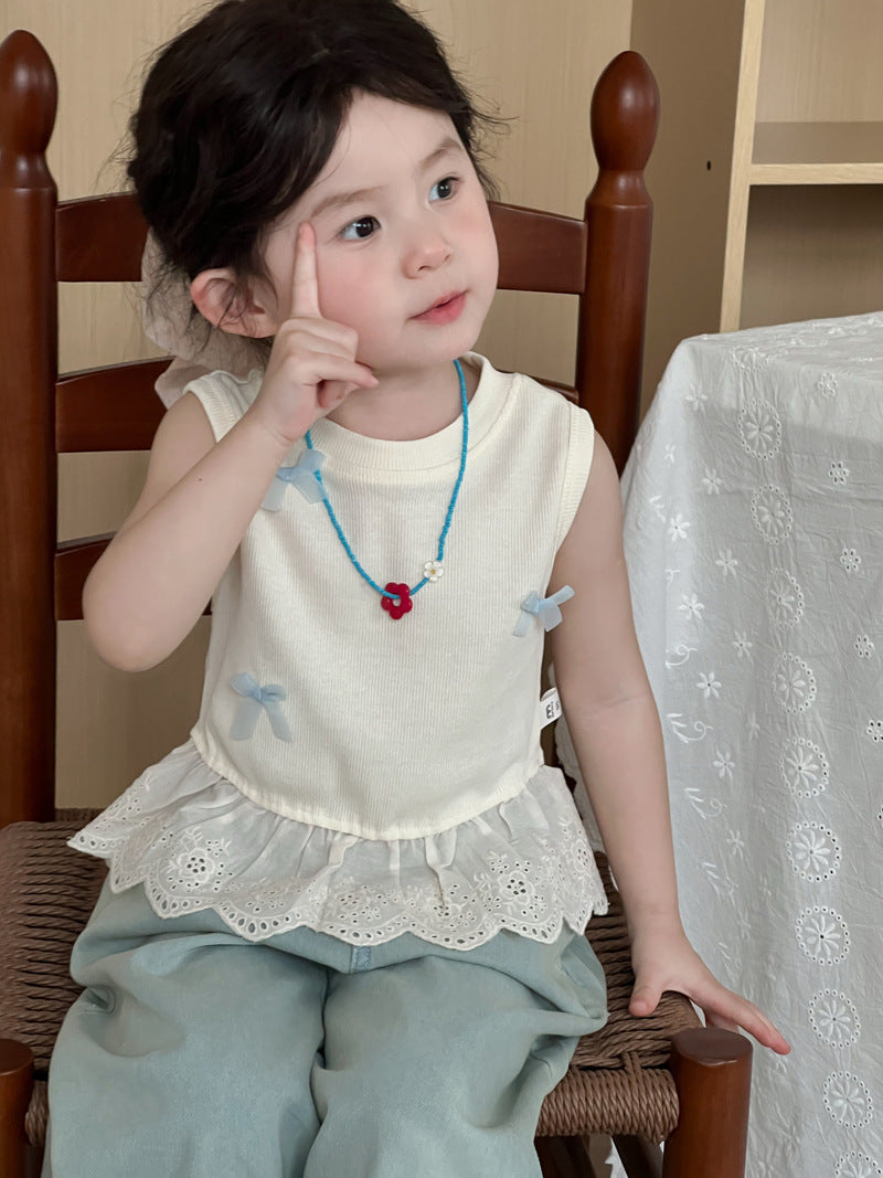 Children's Summer Korean Lace Sleeveless Top Sweet Bow Princess Children's T-shirt