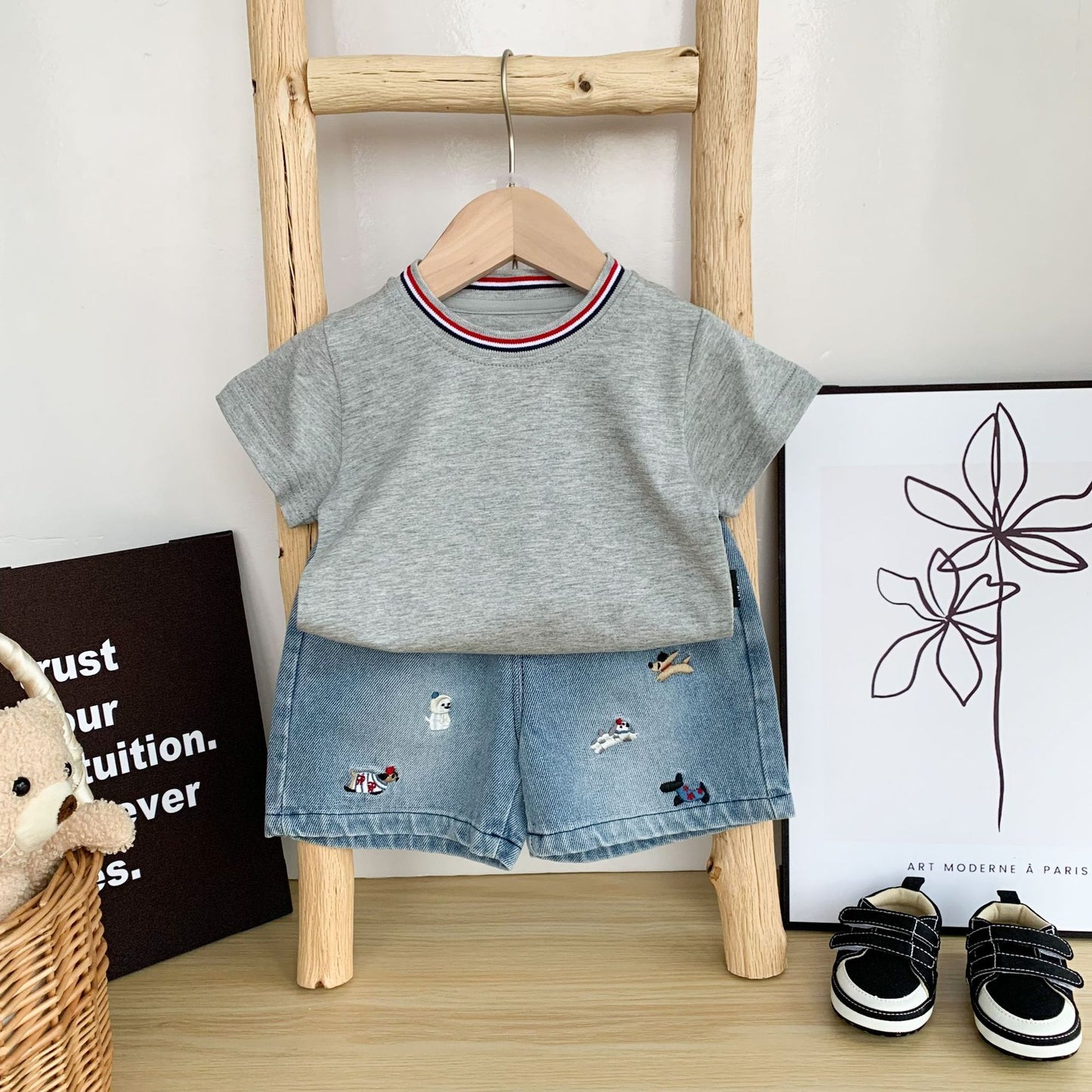 Boys White Yarn-dyed Rib Born Little Short Children's T-shirt