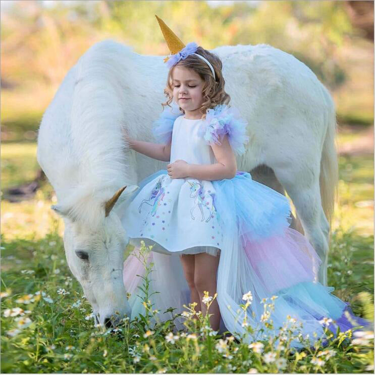 Children's Unicorn Theme Rainbow Gradient Mesh Trailing Princess Birthday Children's Dress