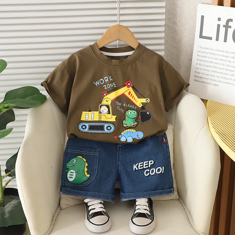 Children's Summer Short Sleeve Excavator Dinosaur T-shirt Clothing Handsome Korean Style Children's Suit