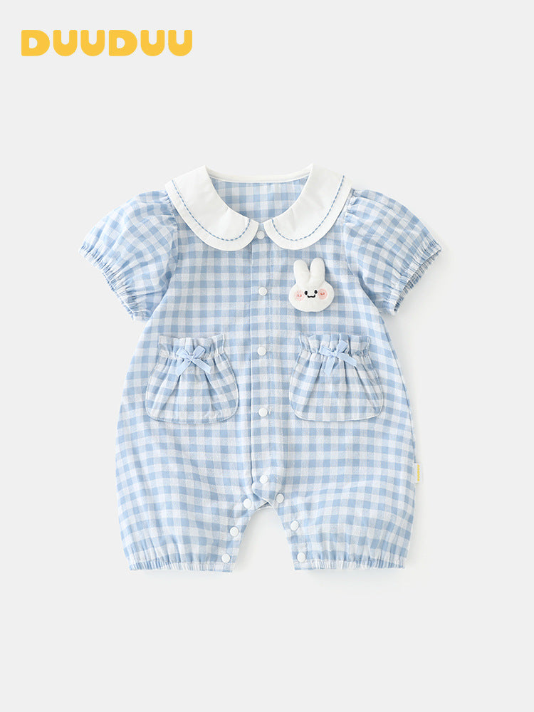 Blue Scale Grid Summer Thin Clothes Class Born Jumpsuit, Climbing Suit