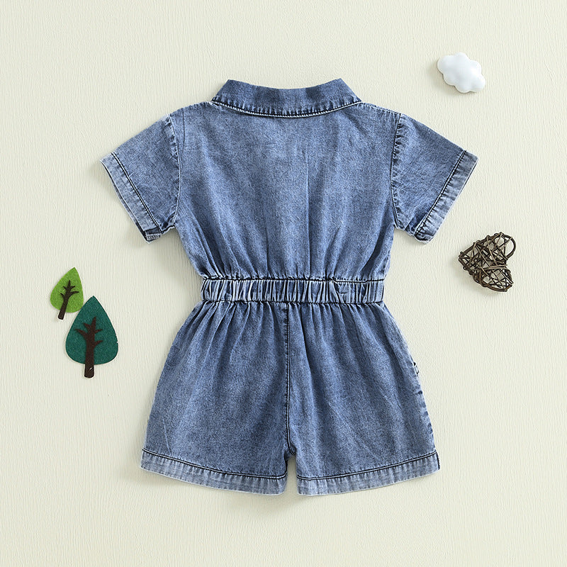Summer Jumpsuit Denim Short-sleeved Lapel Jeans Children's Pants