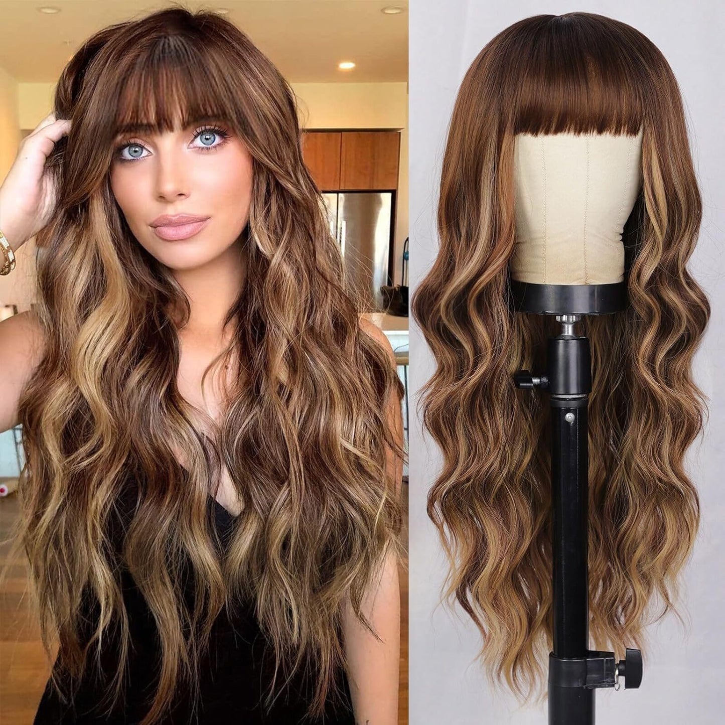 Black Gradient White Straight Bangs Big Wave Curly Hair Wig Long Curls