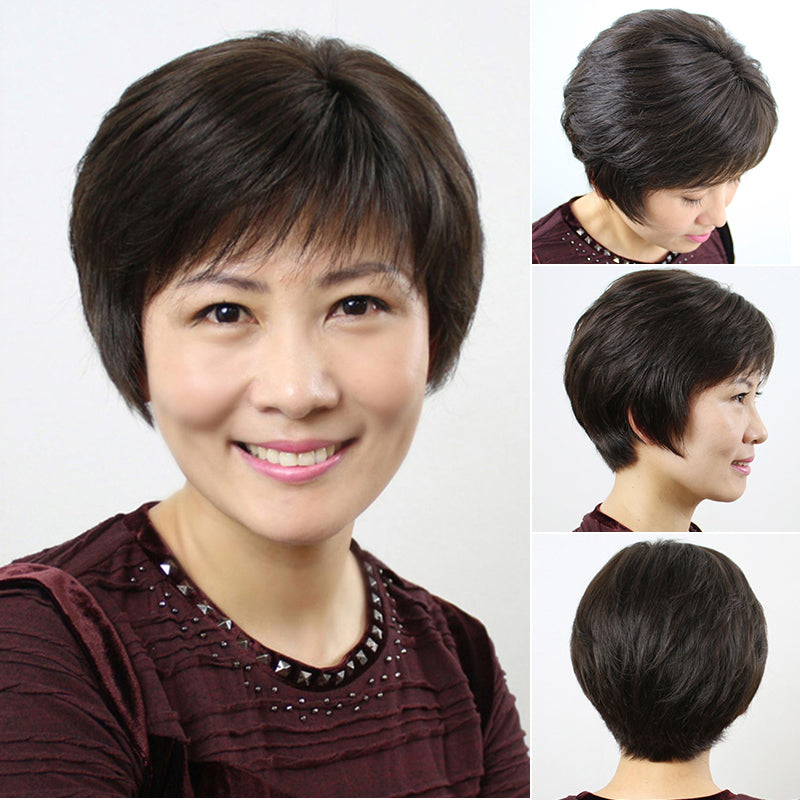 Female Full Human Lady Mom Chemotherapy Bald Head Wig Short Straight Hair