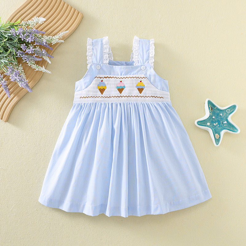 Princess Cute Cartoon Embroidery Ice Cream Smocking Blue Children's Dress