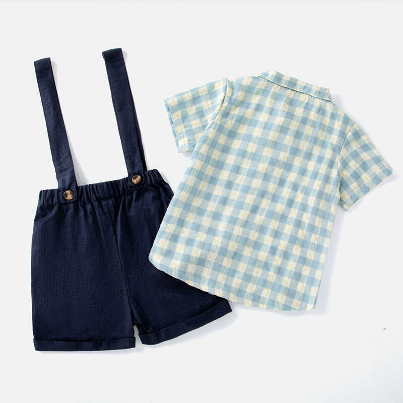 Children's Plaid Shirt Short-sleeved Suspender Pants Korean Style Boy's Clothing Children's Suit