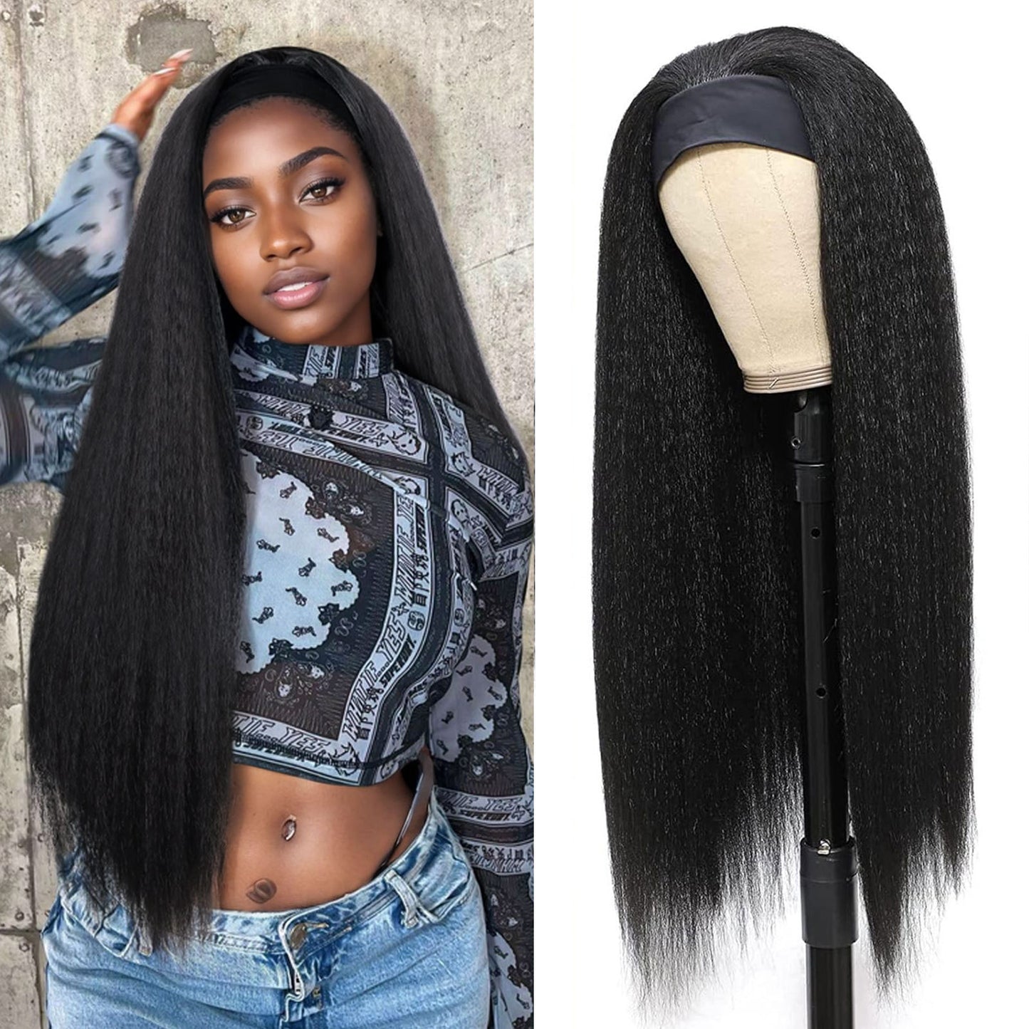 Women's Turban Ice Silk Hair Band Head Long Straight Wig