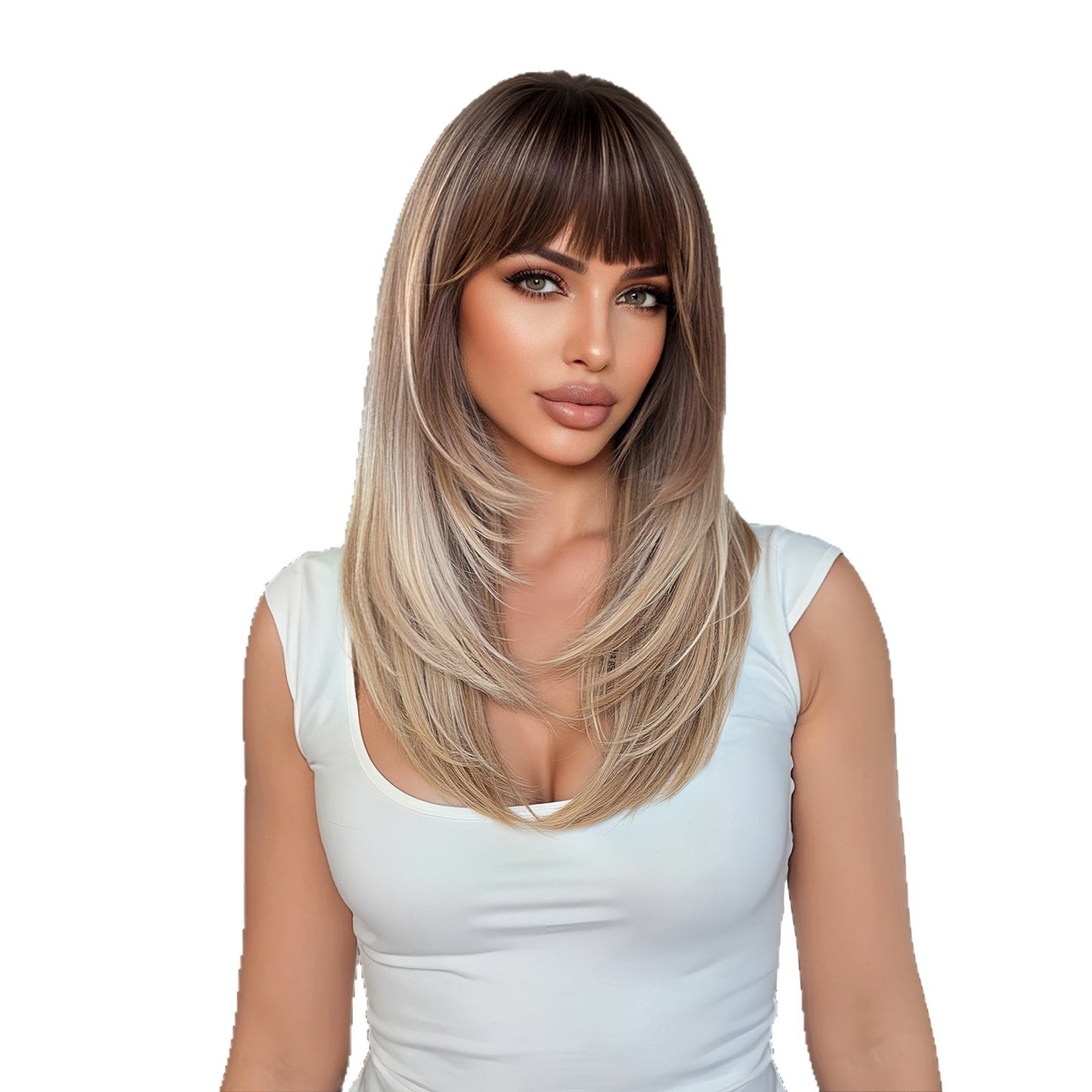 Bangs Layered Atmosphere Black Brown Hair Long Straight Wig