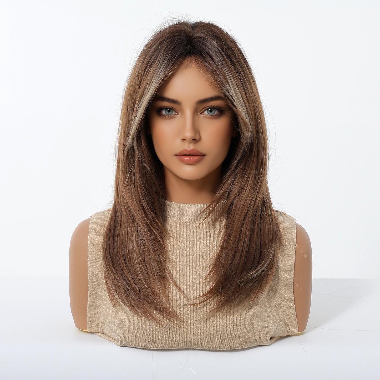 Bangs Head Dyed Gradient Brown Layered Long Straight Wig