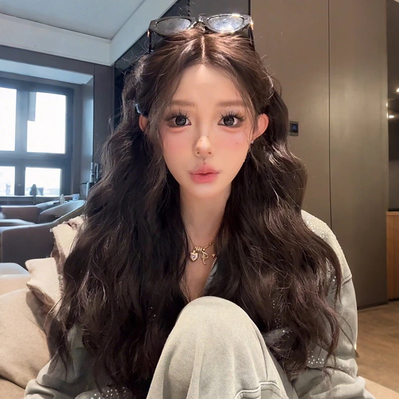 Bean Pink Forehead Lace Curly Hair Atmosphere V Face Realistic Wig Long Curls
